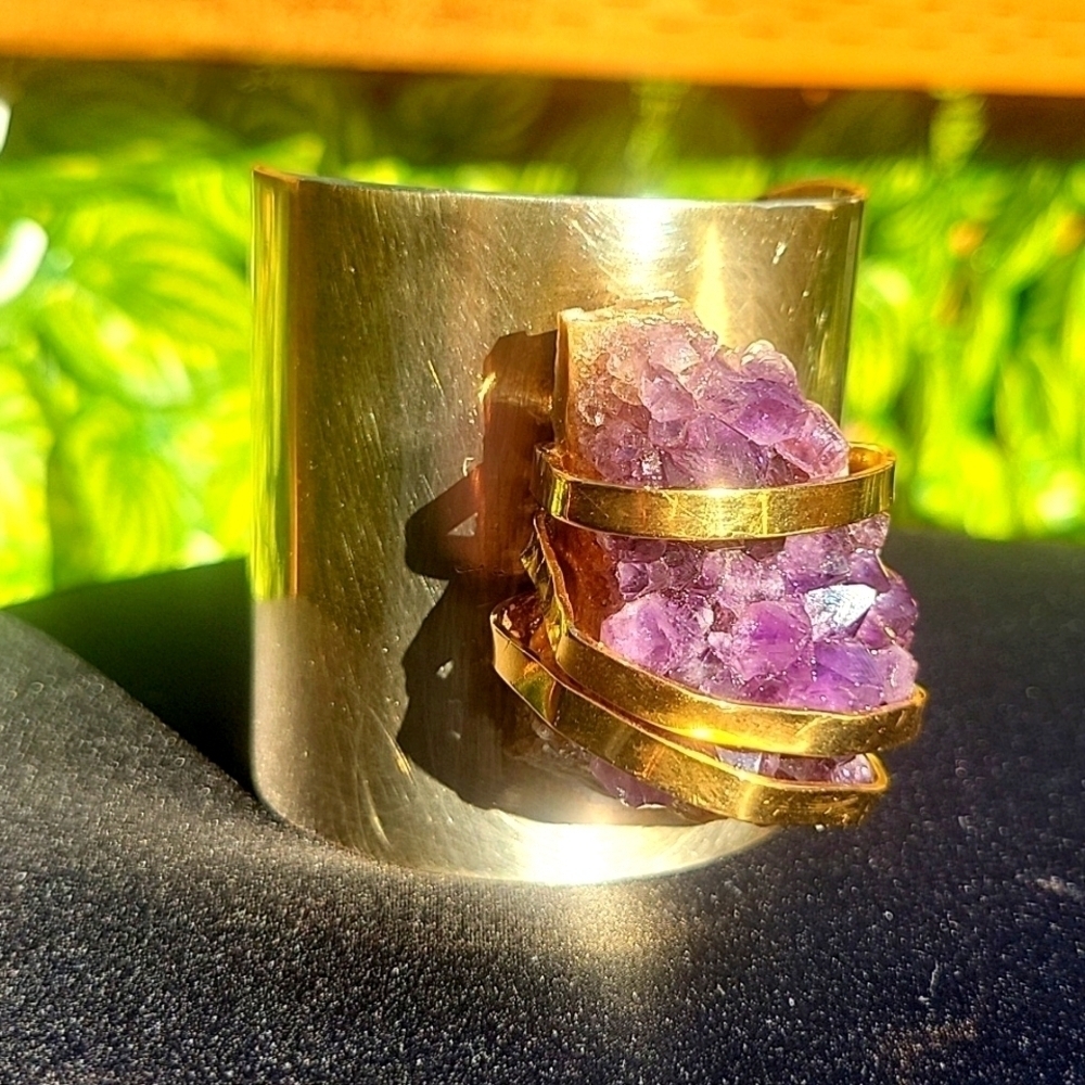 Tory Burch Vintage XL Gold Cuff Bracelet Purple Amethyst Crystal
